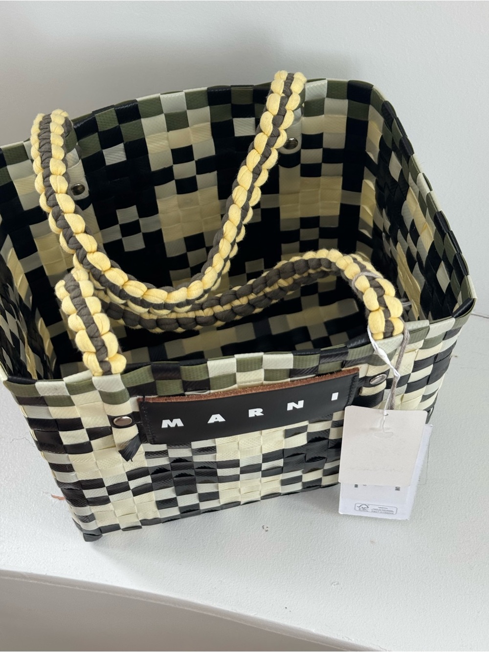Marni Black, Cream & Yellow Woven Checker Tote - Picture 6 of 6